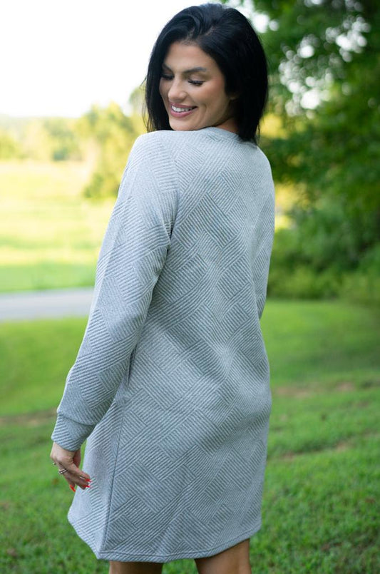 Back view of the heather gray long sleeve dress