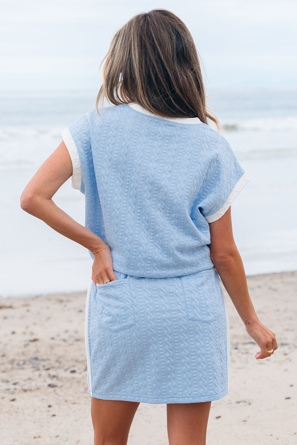 Back view of the light blue skirt set