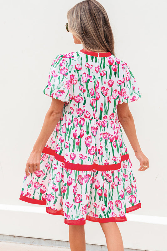 Back view of the pink tulip print babydoll dress