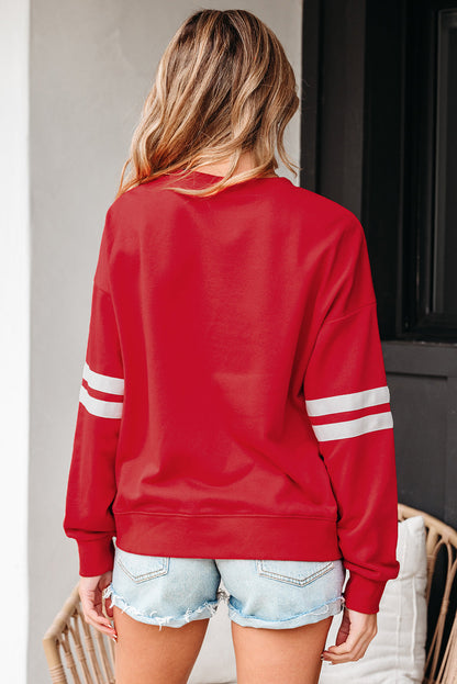 Back view of the red varsity stripe sweatshirt