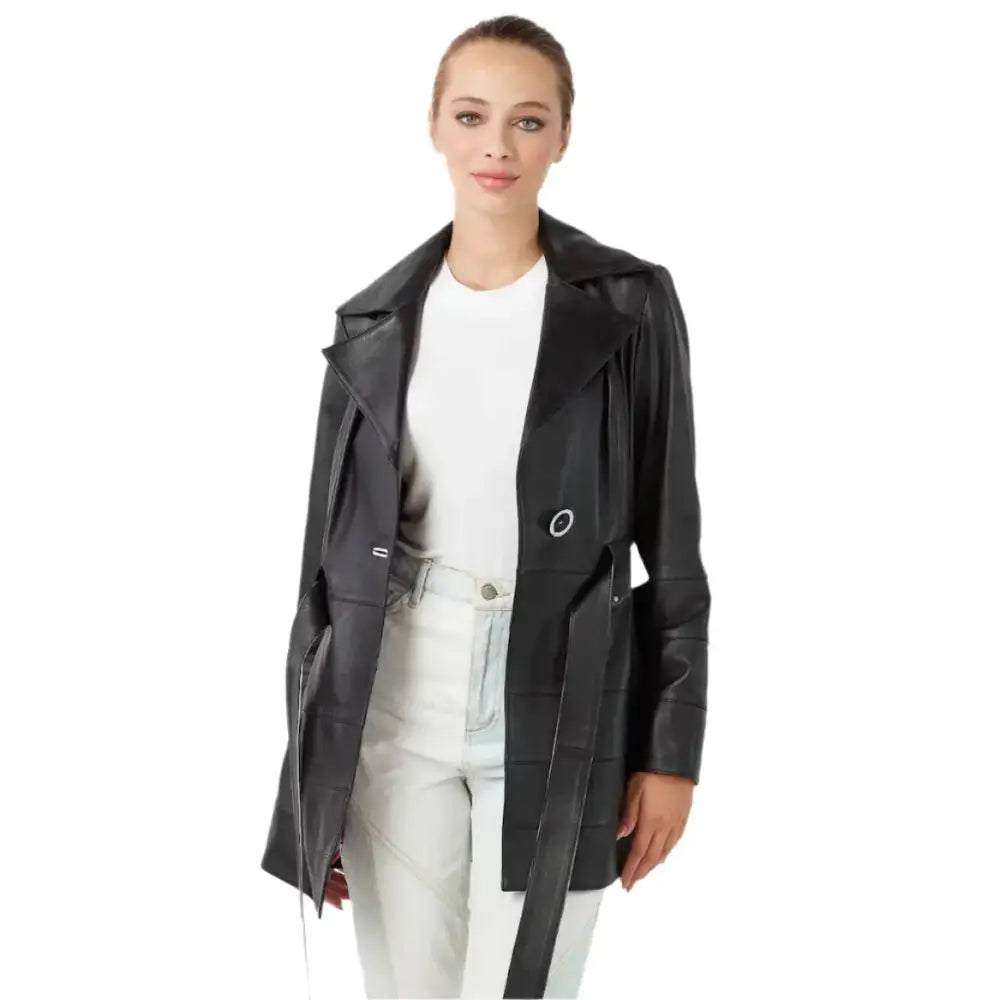 Women’s Vintage Black Leather Trench Coat-2