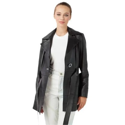 Women’s Vintage Black Leather Trench Coat-2