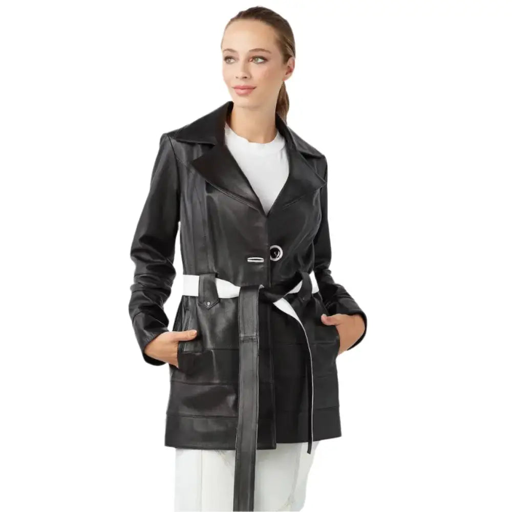 Women’s Vintage Black Leather Trench Coat-0