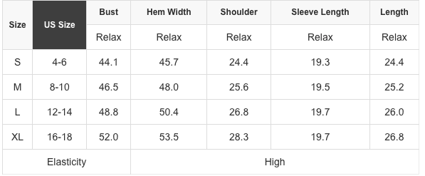 Size chart for the waffle henley top, sizes S to XL, measured in inches