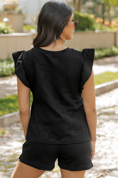 Back view of the black waffle knit shorts set