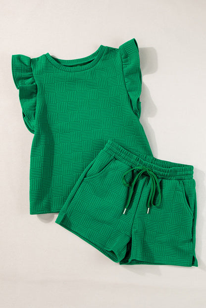 Green waffle knit ruffle sleeve tee and shorts laid flat