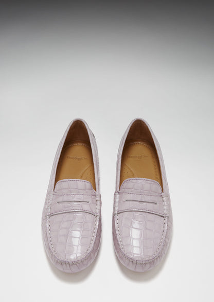Women's Penny Driving Loafers, lilac croc print patent leather-2