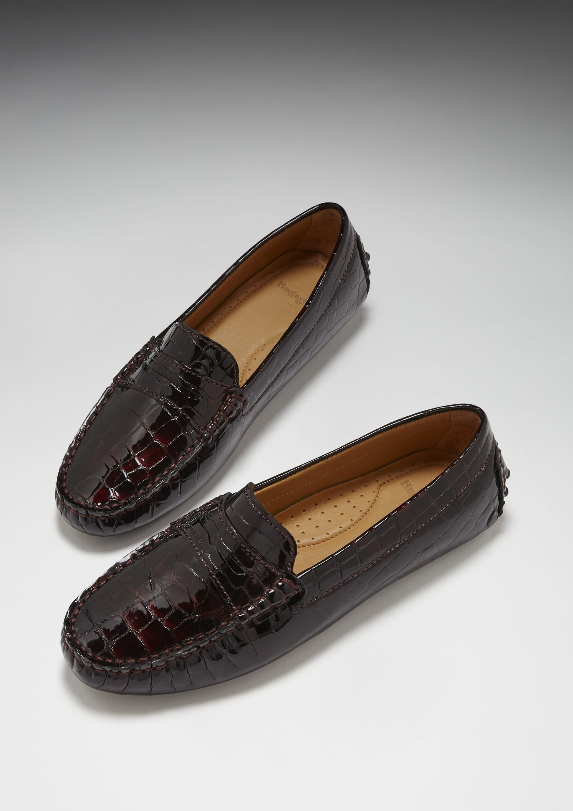 Women's Penny Driving Loafers, brown croc print patent leather-1