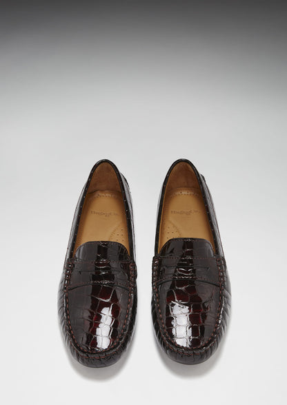 Women's Penny Driving Loafers, brown croc print patent leather-2