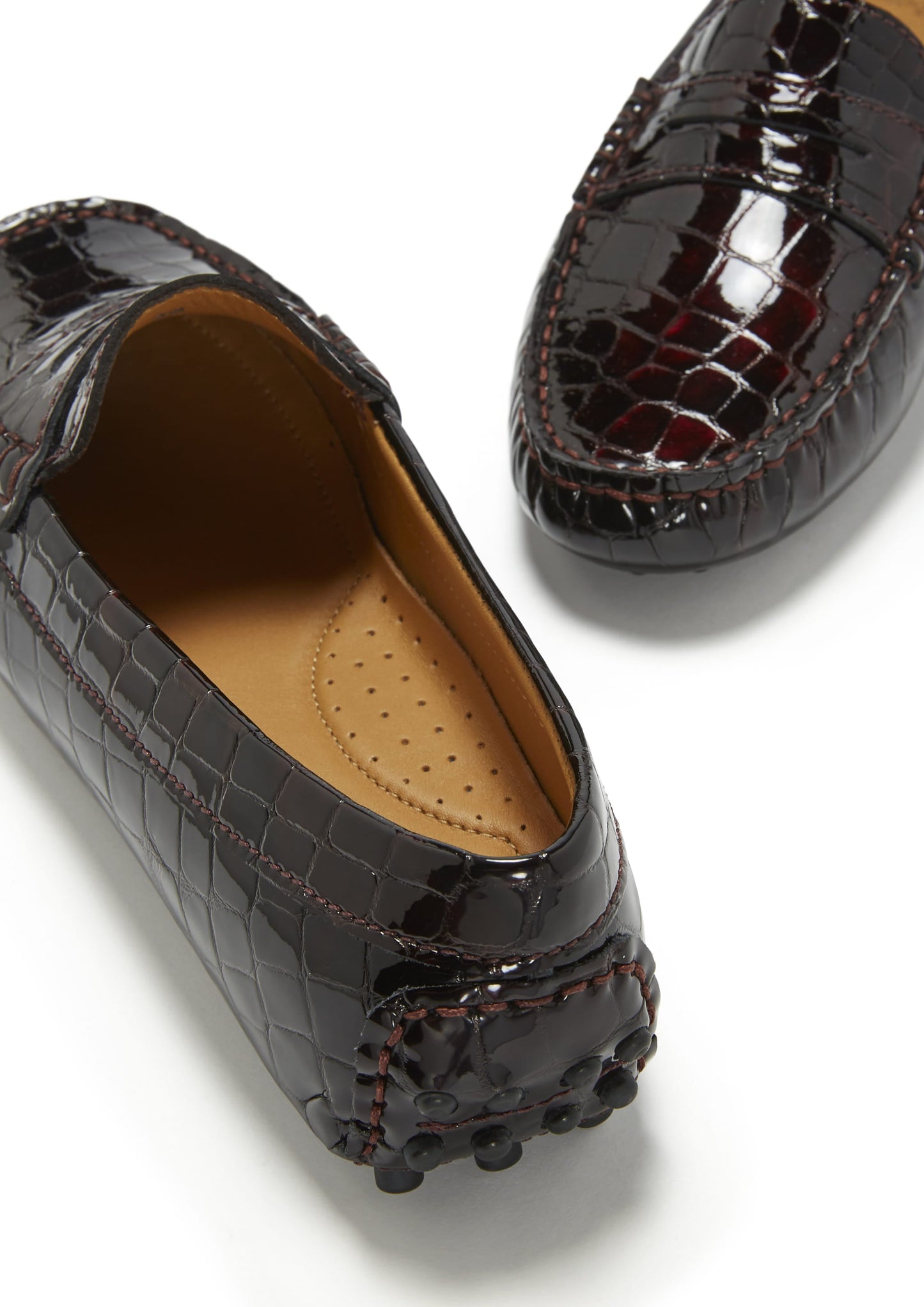 Women's Penny Driving Loafers, brown croc print patent leather-3