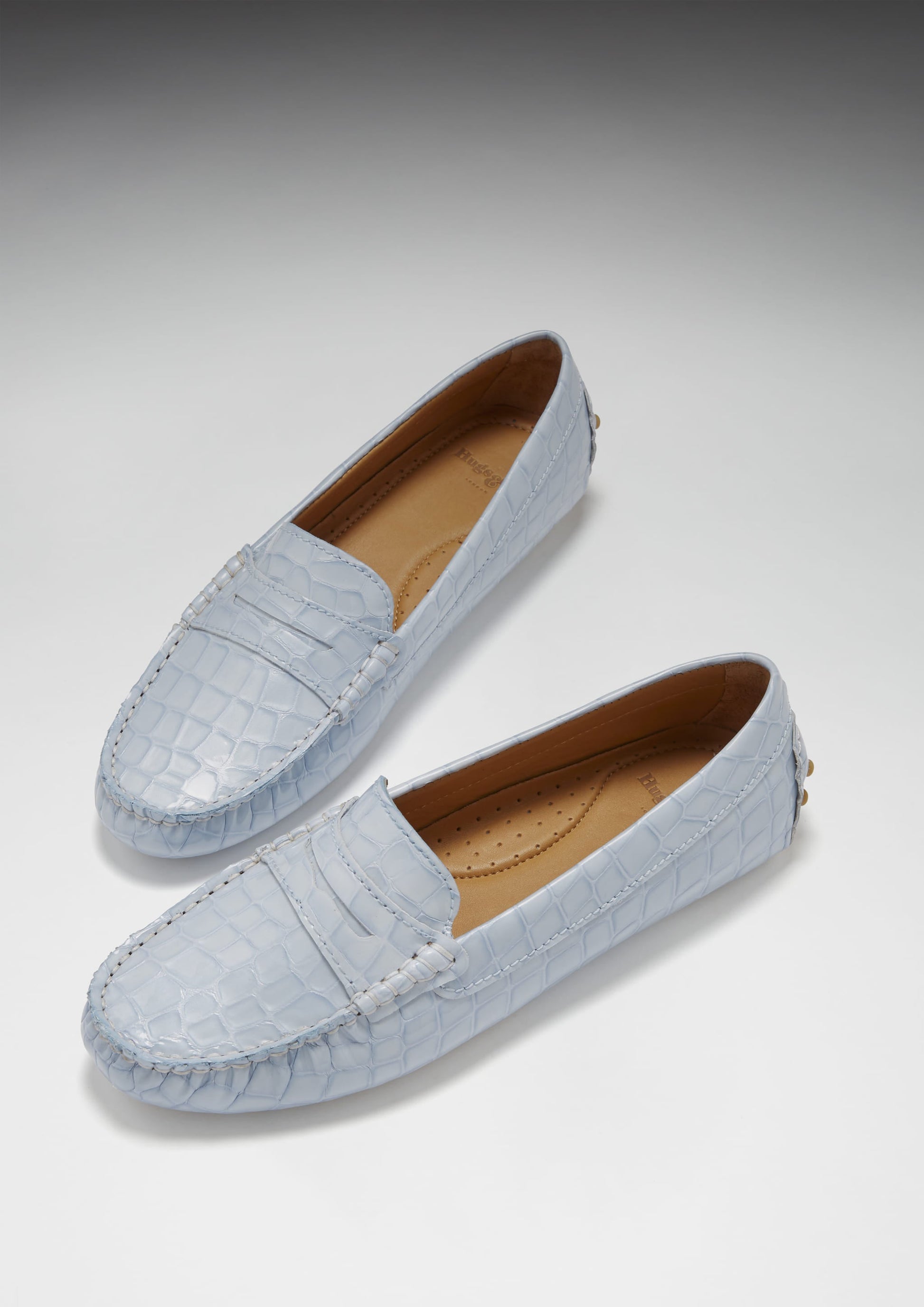 Women's Penny Driving Loafers, powder blue print patent leather-1