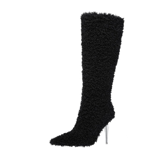 Wooly Pointed Toe Knee High Boots-1